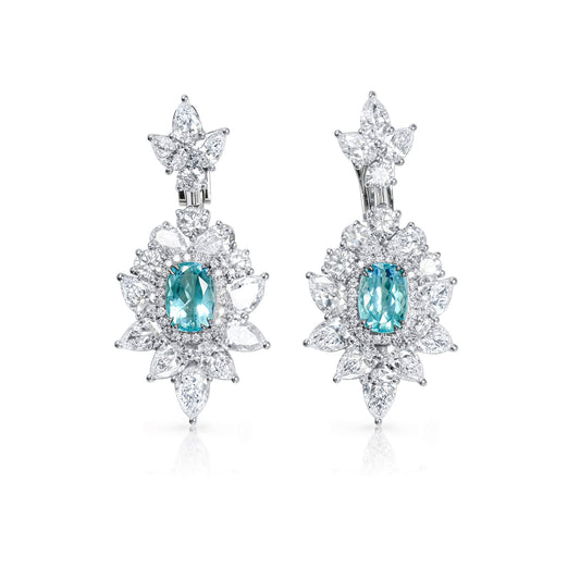 Natural Greenish-blue Mozambique Tourmaline Earrings, 10.61 Ct. TW, Cushion shape, GRS Certified