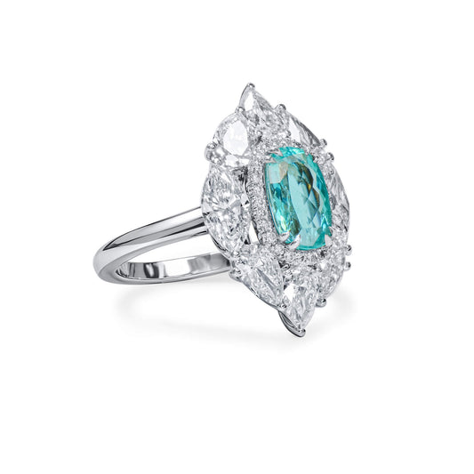 Natural Greenish-blue Mozambique Tourmaline Ring, 6.18 Ct. TW, Cushion shape, GRS Certified