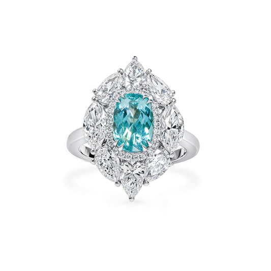 Natural Greenish-blue Mozambique Tourmaline Ring, 6.18 Ct. TW, Cushion shape, GRS Certified