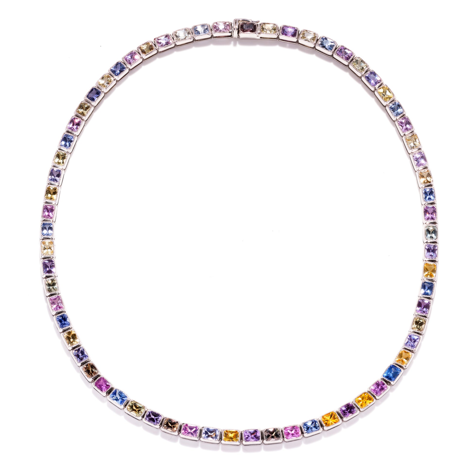 Natural Mixed Colors Sapphire Necklace, 31.45 Carat, Cushion Shape