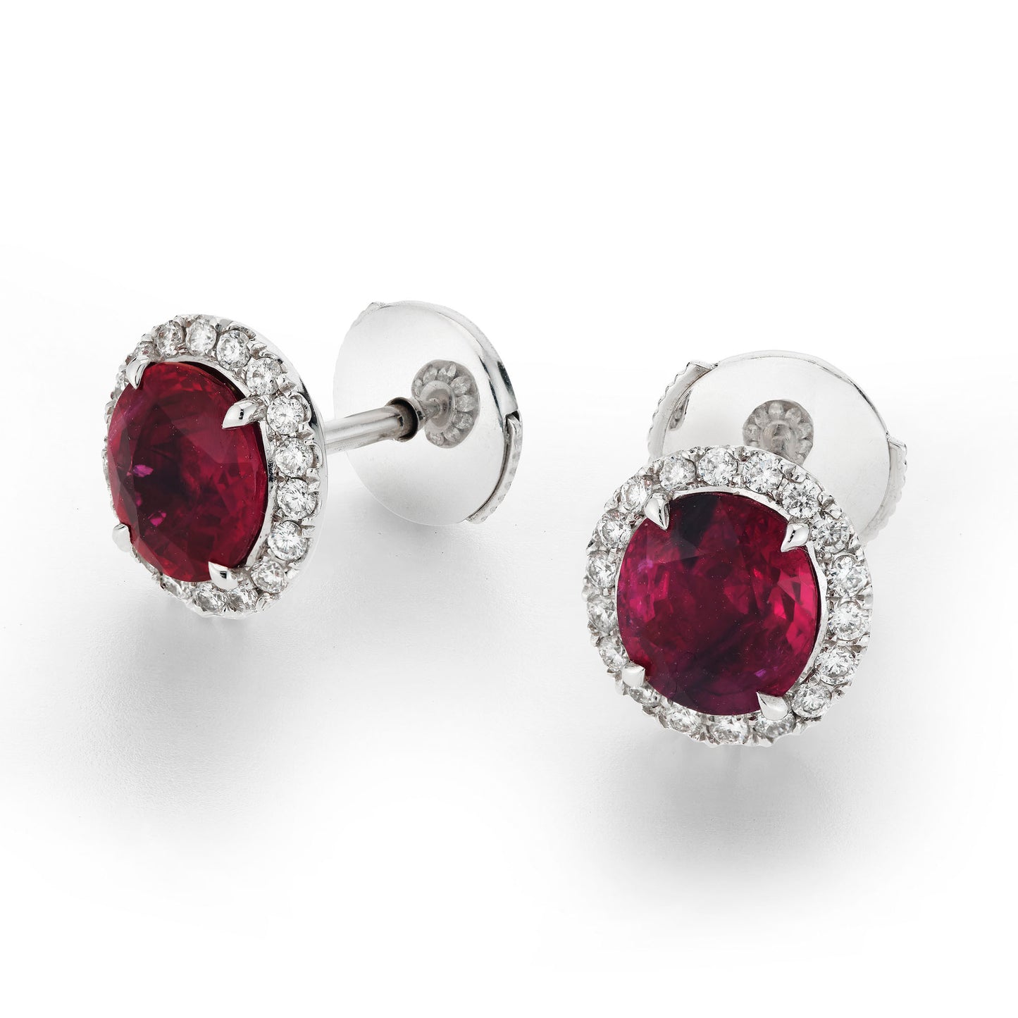 Natural Red Burmese Ruby Stud Earrings, 18K White Gold, Oval Shape, 3.21 Ct. TW