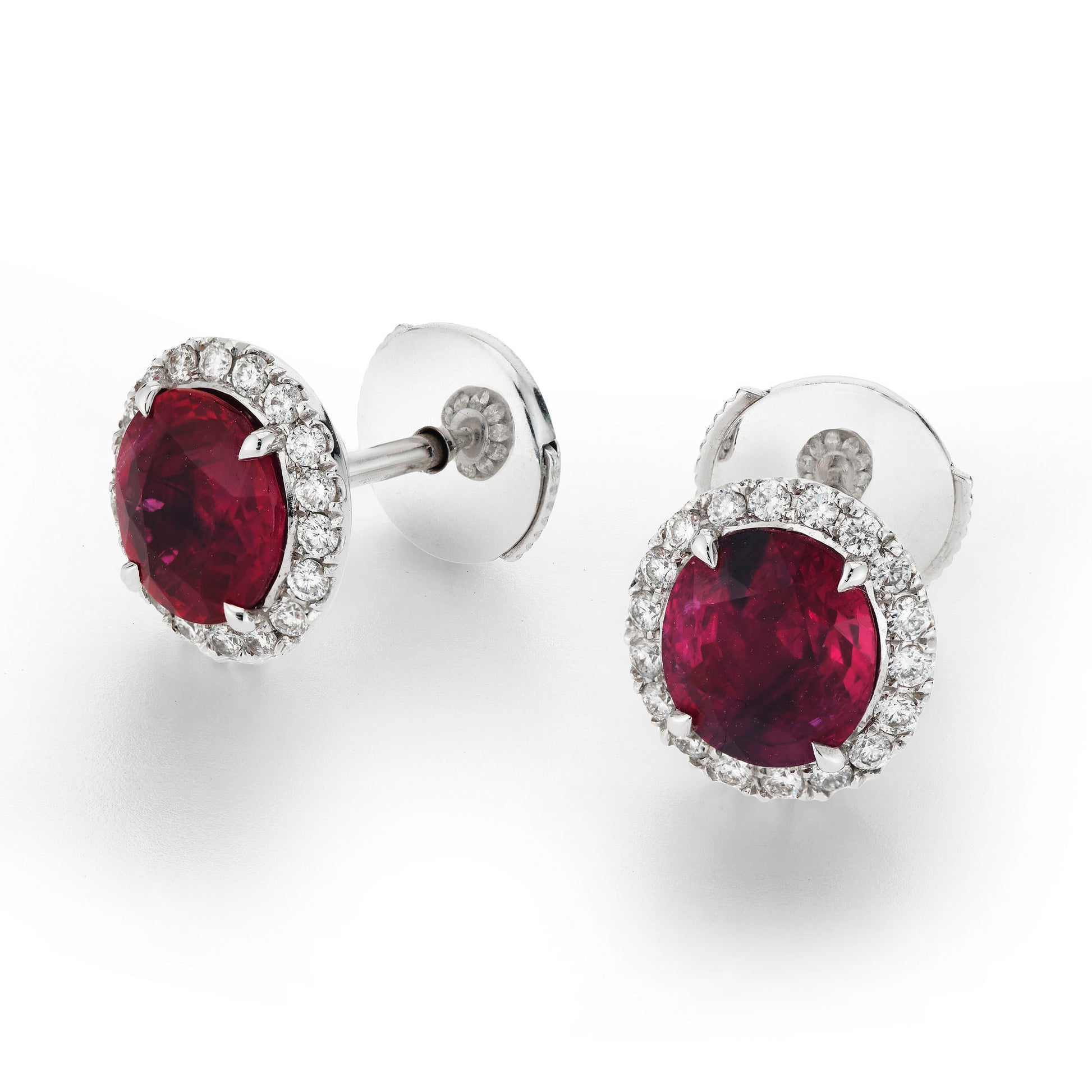 Natural Red Burmese Ruby Stud Earrings, 18K White Gold, Oval Shape, 3.21 Ct. TW