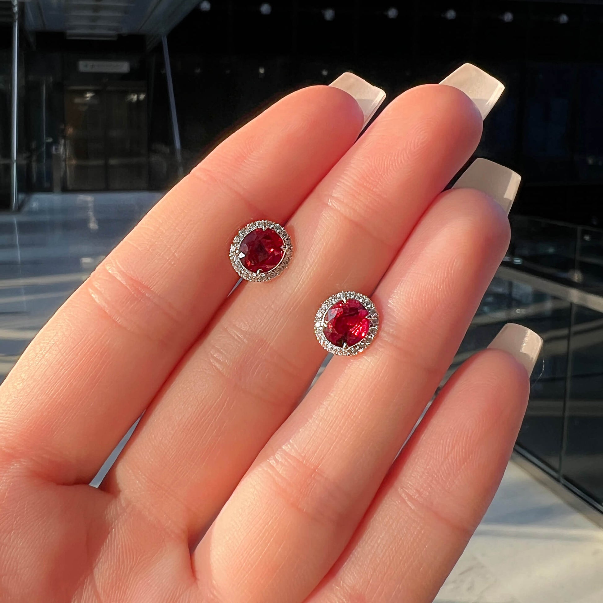 Natural Red Burmese Ruby Stud Earrings, 18K White Gold, Oval Shape, 3.21 Ct. TW