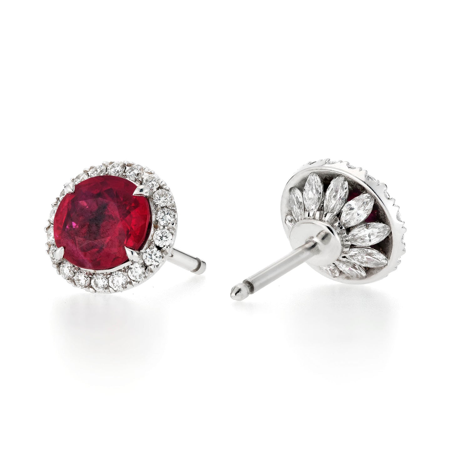 Natural Red Burmese Ruby Stud Earrings, 18K White Gold, Oval Shape, 3.21 Ct. TW