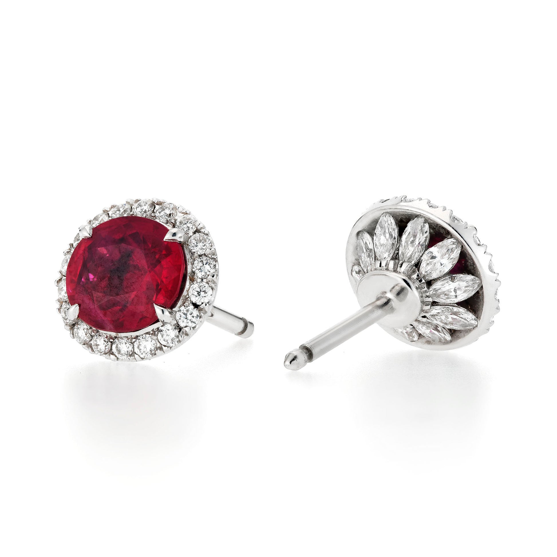 Natural Red Burmese Ruby Stud Earrings, 18K White Gold, Oval Shape, 3.21 Ct. TW