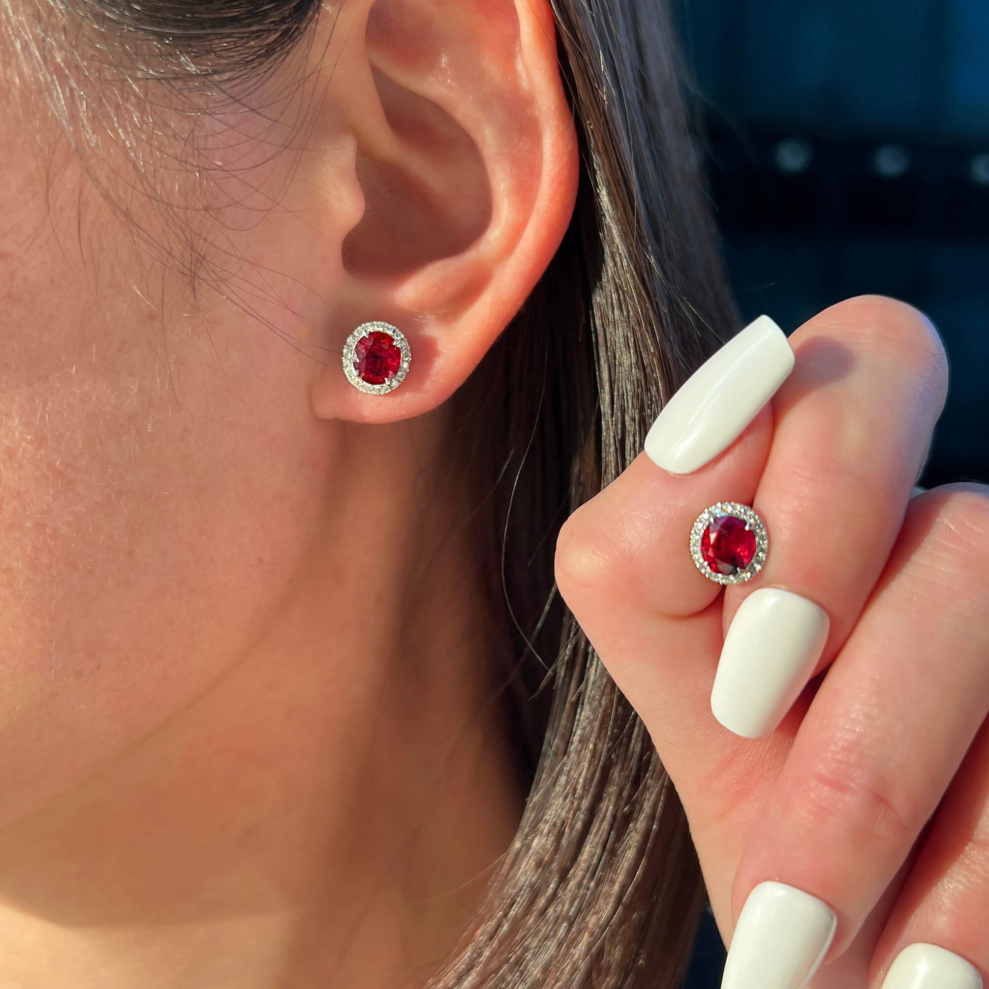 Natural Red Burmese Ruby Stud Earrings, 18K White Gold, Oval Shape, 3.21 Ct. TW