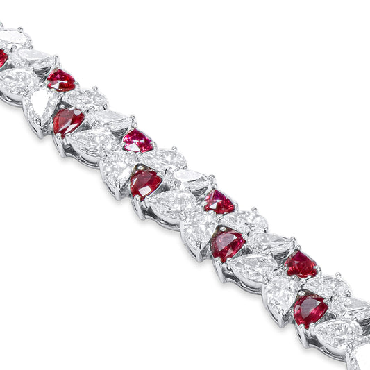 Natural Diamond & Red Ruby Bracelet, 18K White Gold, Pear Shape, 25.17 Ct. TW
