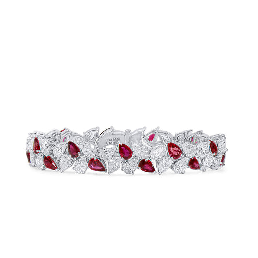 Natural Diamond & Red Ruby Bracelet, 18K White Gold, Pear Shape, 25.17 Ct. TW