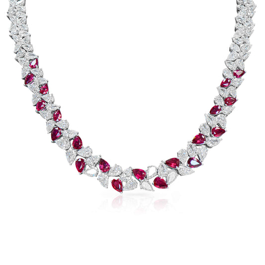 Natural Diamond & Red Ruby Necklace, 18K White Gold, Pear Shape, 55.27 Ct. TW