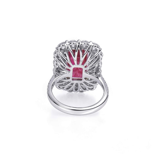 Natural 5.03 Ct. Octagonal-Cut Ruby & Diamond Halo Ring, 18K White Gold