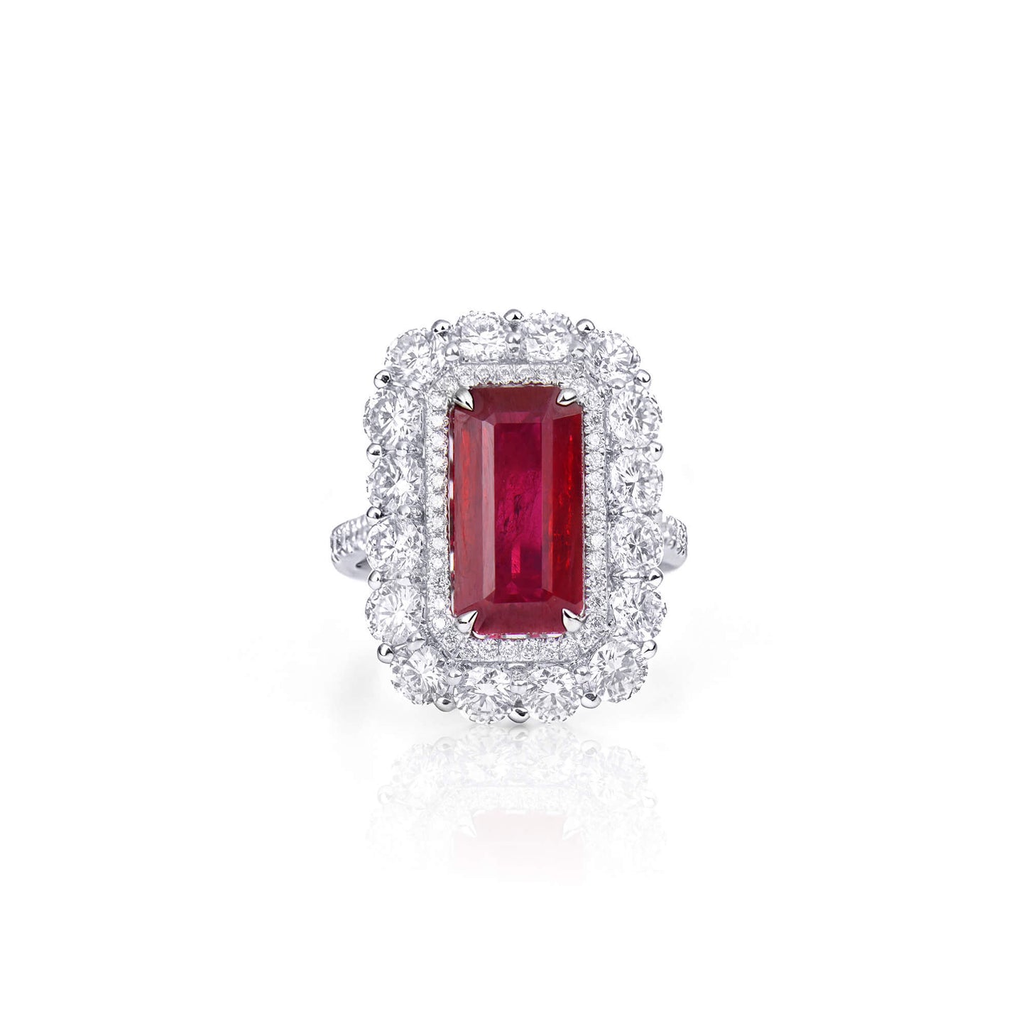 Natural 5.03 Ct. Octagonal-Cut Ruby & Diamond Halo Ring, 18K White Gold