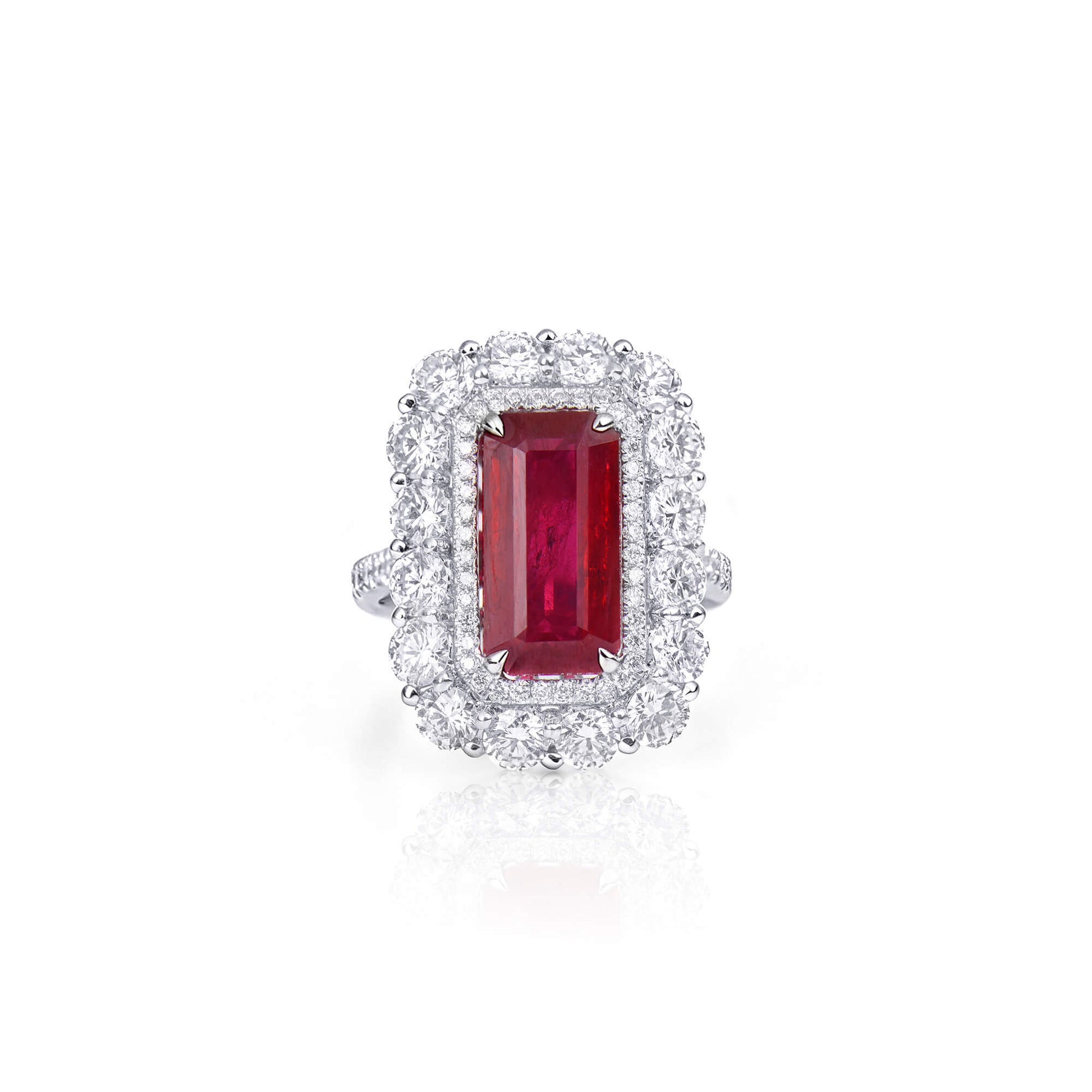 Natural 5.03 Ct. Octagonal-Cut Ruby & Diamond Halo Ring, 18K White Gold