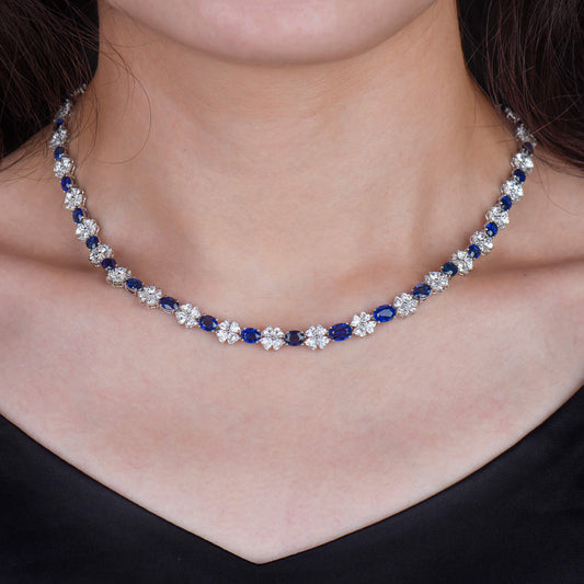 Natural Vivid Blue Ceylon Sapphire Necklace, 18K White Gold, Oval Shape, 33.03 Ct. TW, unheated