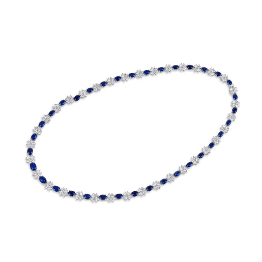 Natural Vivid Blue Ceylon Sapphire Necklace, 18K White Gold, Oval Shape, 33.03 Ct. TW, unheated