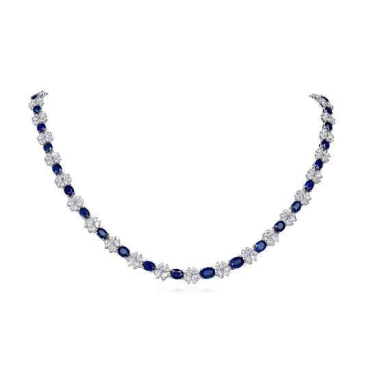Natural Vivid Blue Ceylon Sapphire Necklace, 18K White Gold, Oval Shape, 33.03 Ct. TW, unheated