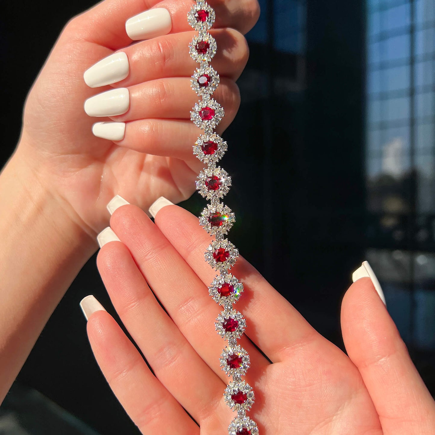 Natural Vivid Red Ruby Bracelet, 18K White Gold, Oval Shape, 18.84 Ct. TW