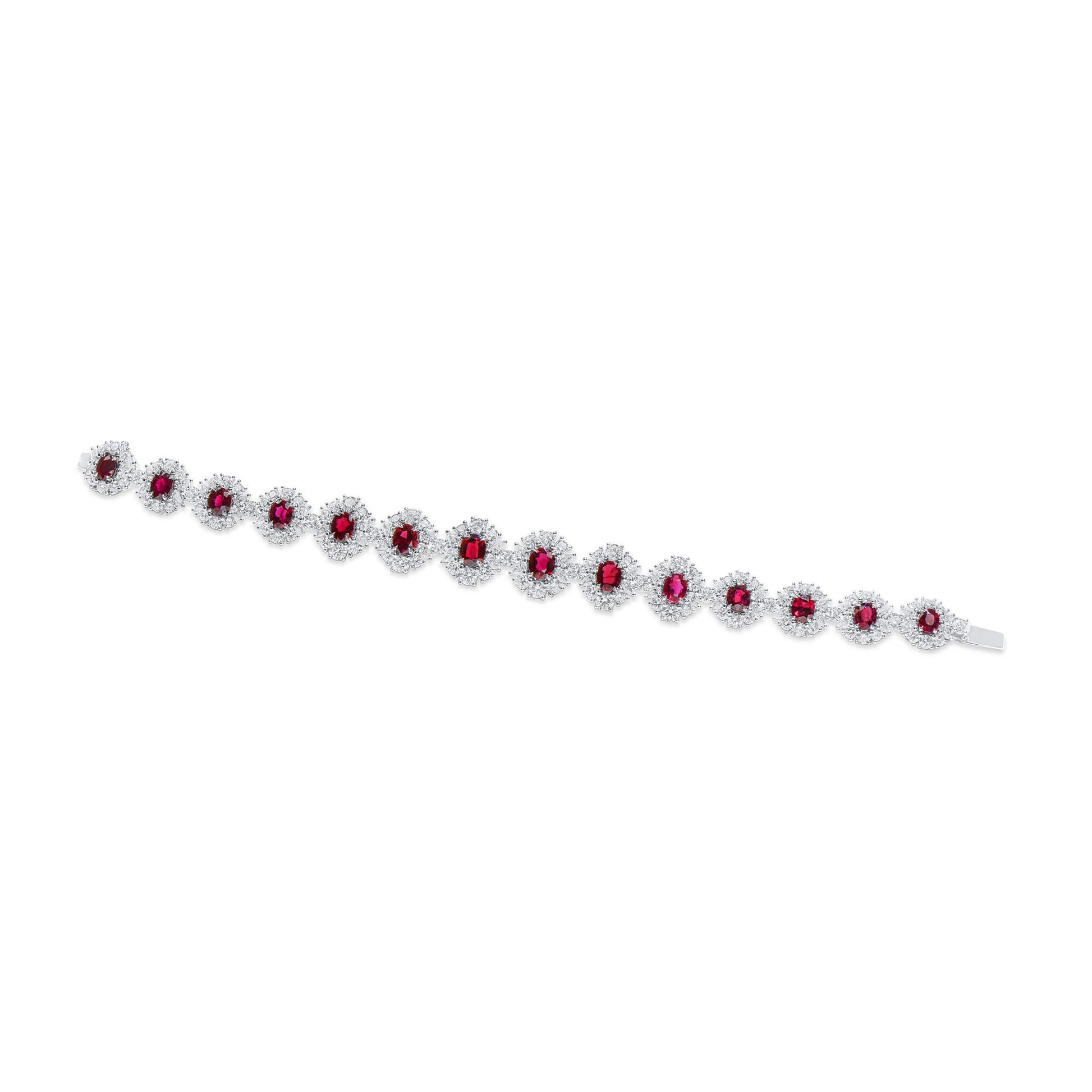 Natural Vivid Red Ruby Bracelet, 18K White Gold, Oval Shape, 18.84 Ct. TW