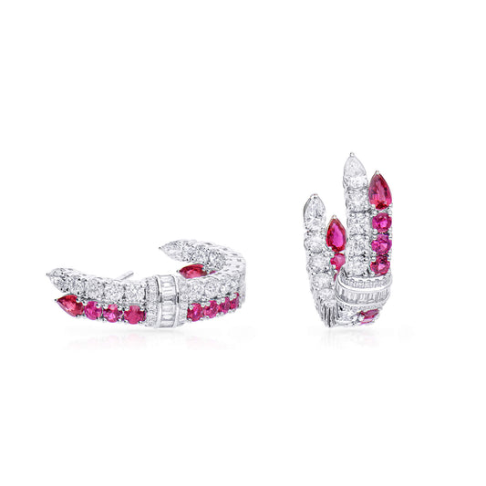 Natural Ruby And Diamond Hoop Earrings, 18K White Gold, Round Shape, 6.57 Ct. TW