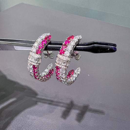 Natural Ruby And Diamond Hoop Earrings, 18K White Gold, Round Shape, 6.57 Ct. TW