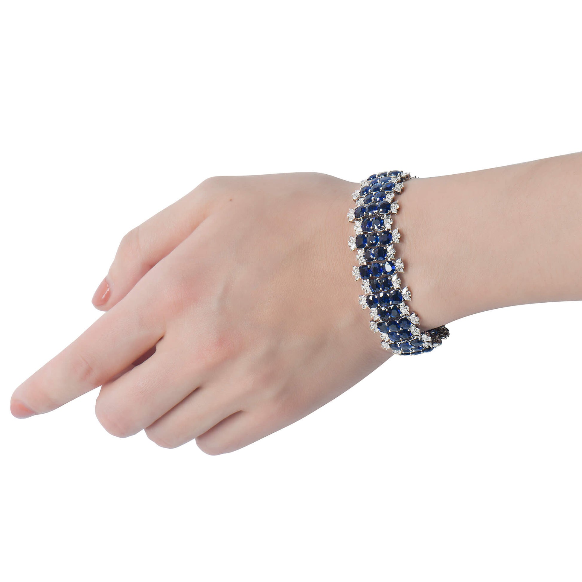 Natural Vivid Blue Burmese Sapphire Bracelet, 18K White Gold, Round Shape, 40.77 Ct. TW