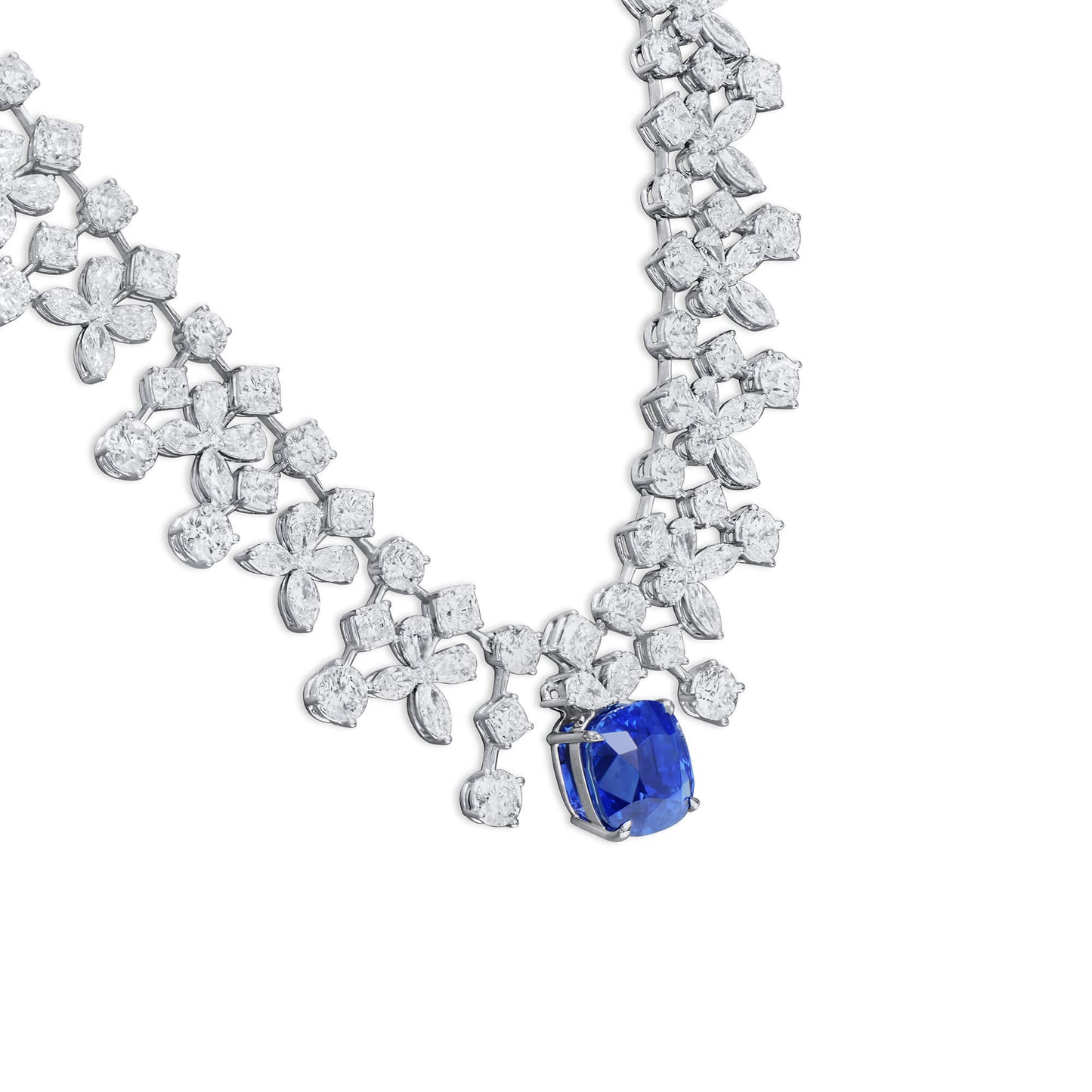 Natural Vivid Blue Sapphire Necklace, 18K White Gold, Cushion Shape, 74.44 Ct. TW