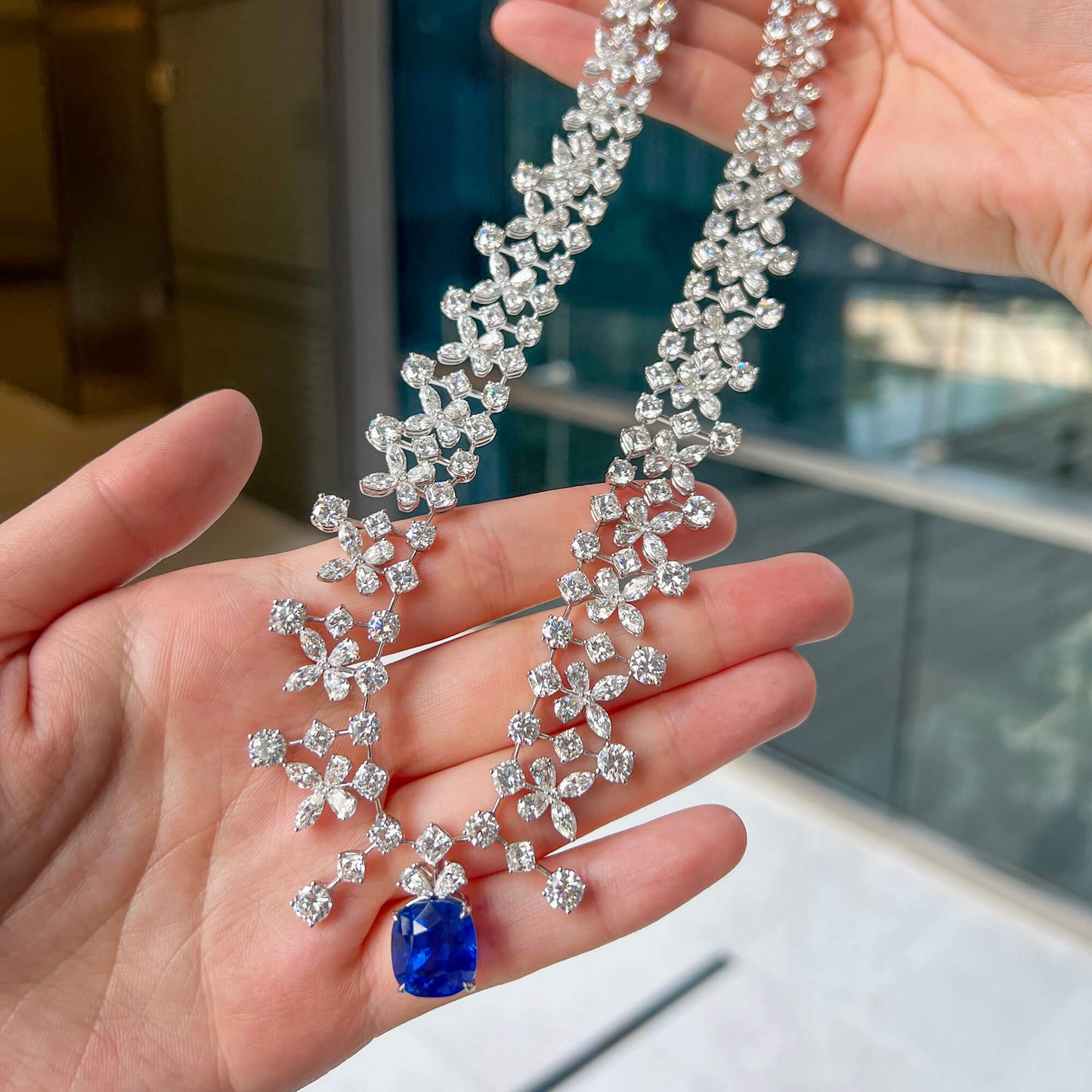 Natural Vivid Blue Sapphire Necklace, 18K White Gold, Cushion Shape, 74.44 Ct. TW