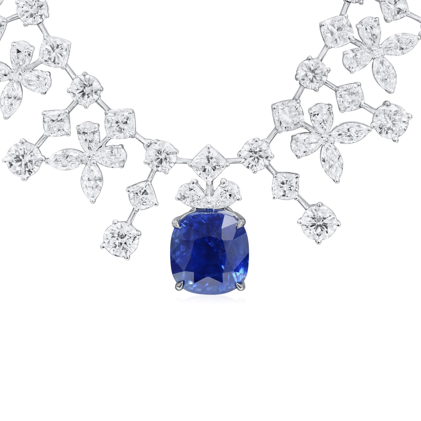 Natural Vivid Blue Sapphire Necklace, 18K White Gold, Cushion Shape, 74.44 Ct. TW
