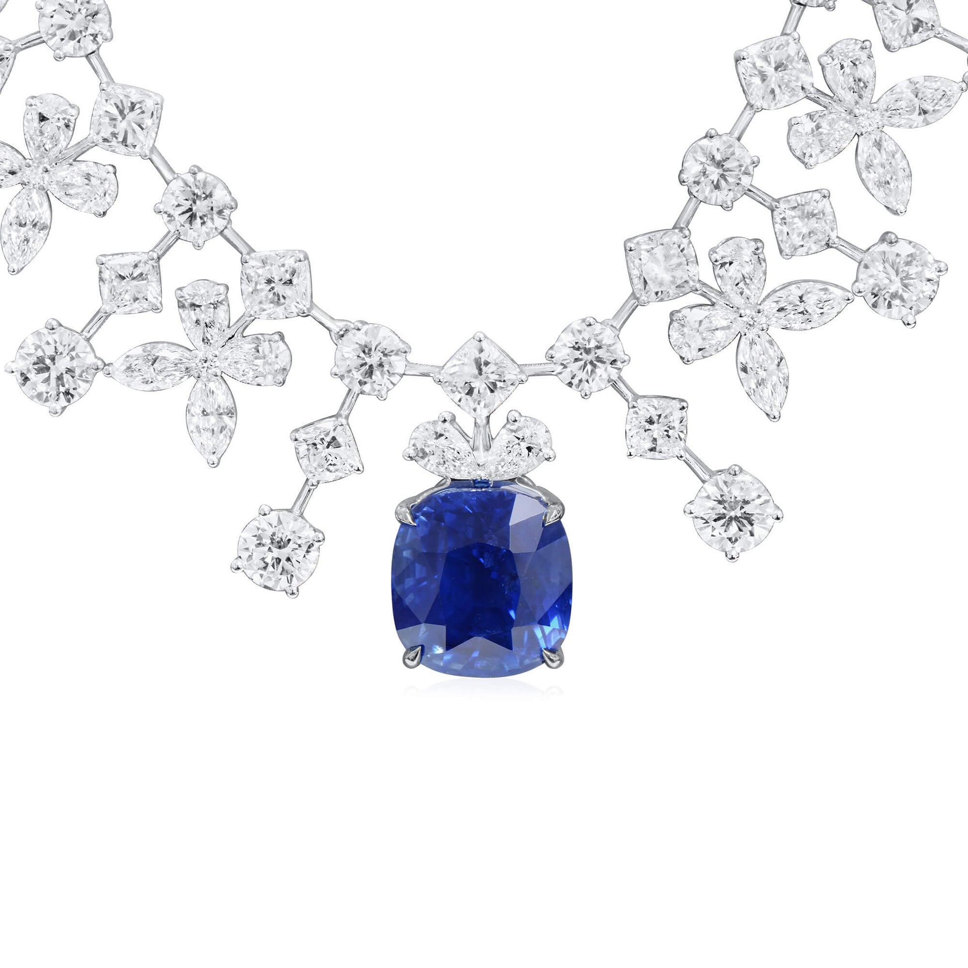 Natural Vivid Blue Sapphire Necklace, 18K White Gold, Cushion Shape, 74.44 Ct. TW