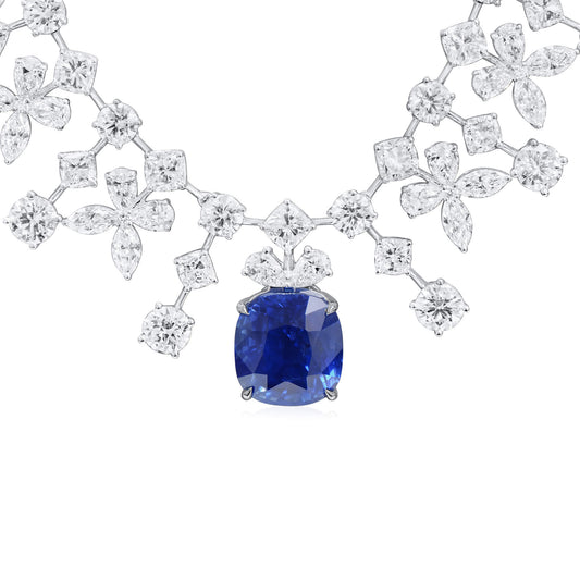 Natural Vivid Blue Sapphire Necklace, 18K White Gold, Cushion Shape, 74.44 Ct. TW