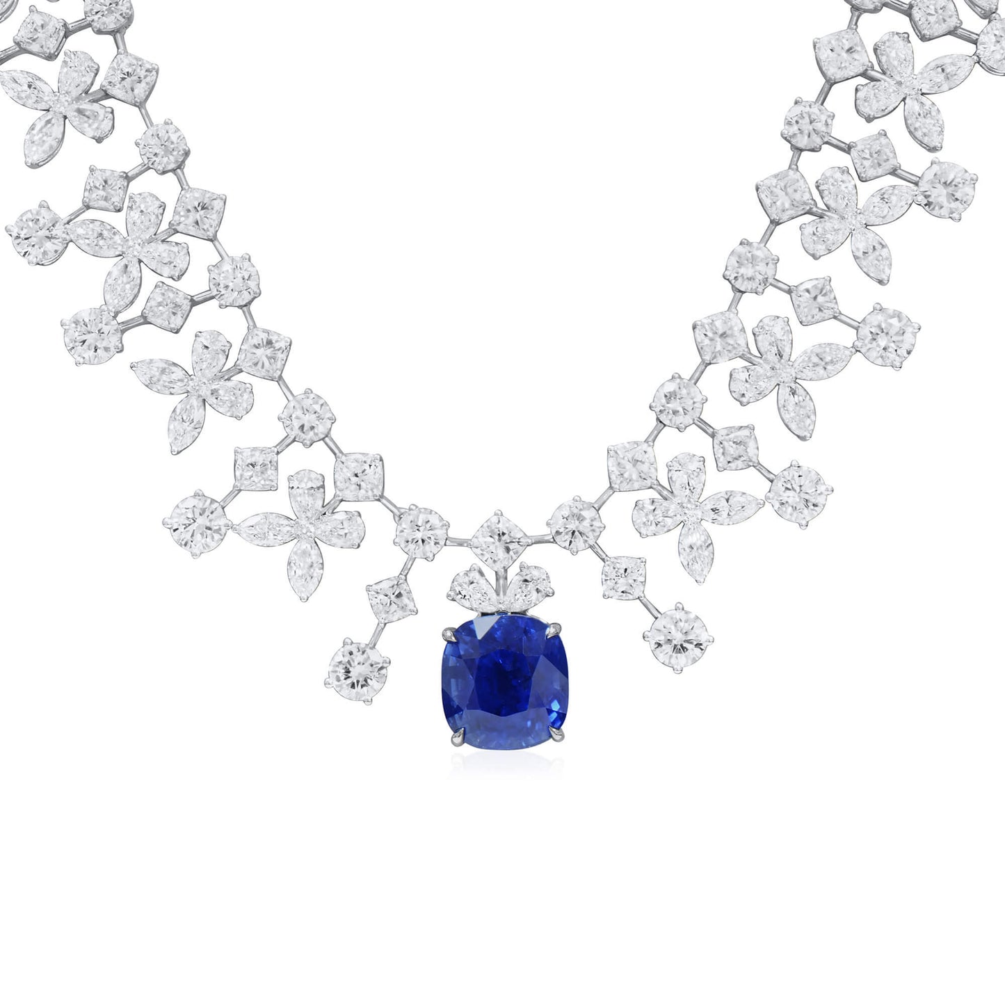Natural Vivid Blue Sapphire Necklace, 18K White Gold, Cushion Shape, 74.44 Ct. TW