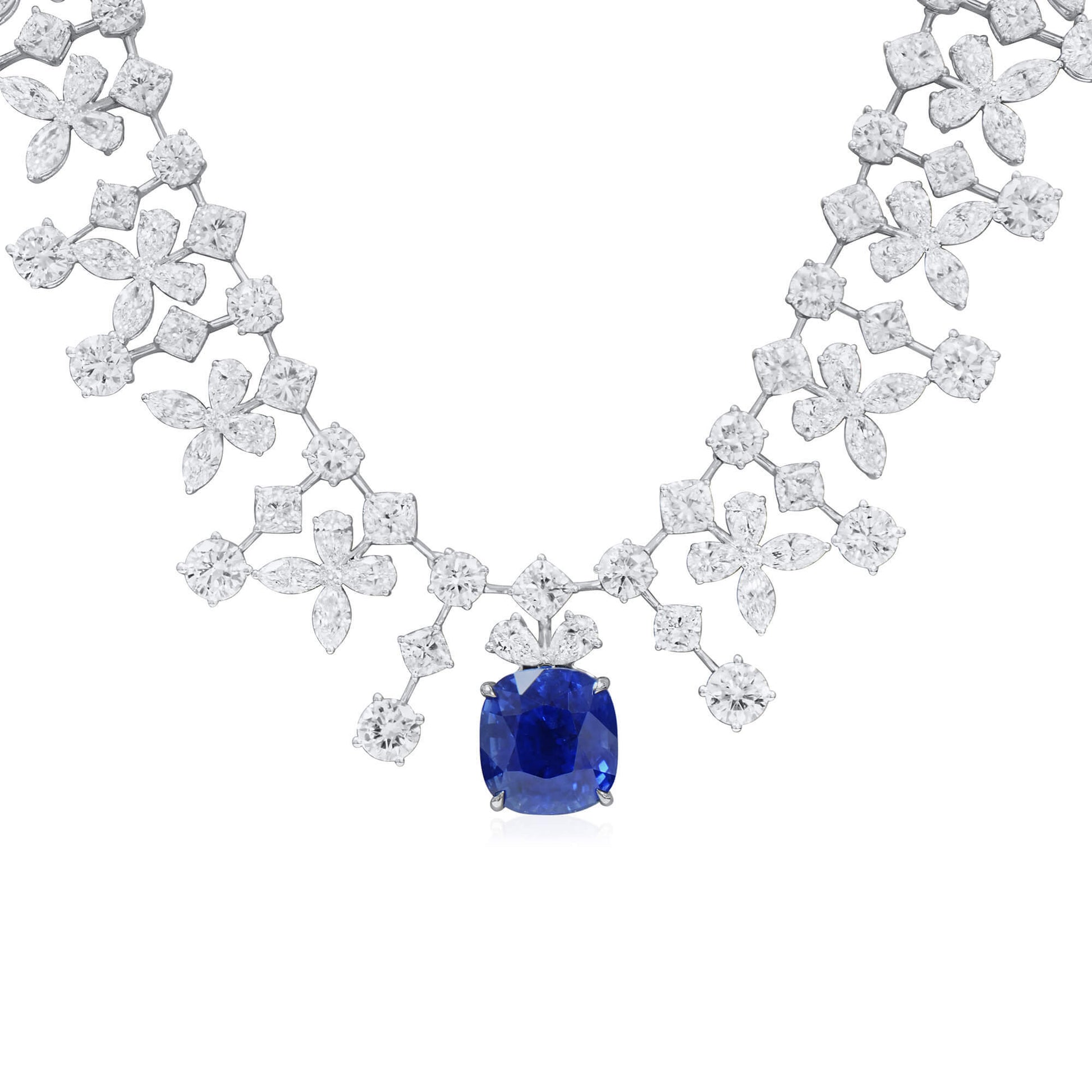 Natural Vivid Blue Sapphire Necklace, 18K White Gold, Cushion Shape, 74.44 Ct. TW