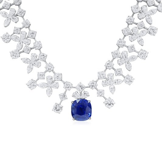 Natural Vivid Blue Sapphire Necklace, 18K White Gold, Cushion Shape, 74.44 Ct. TW