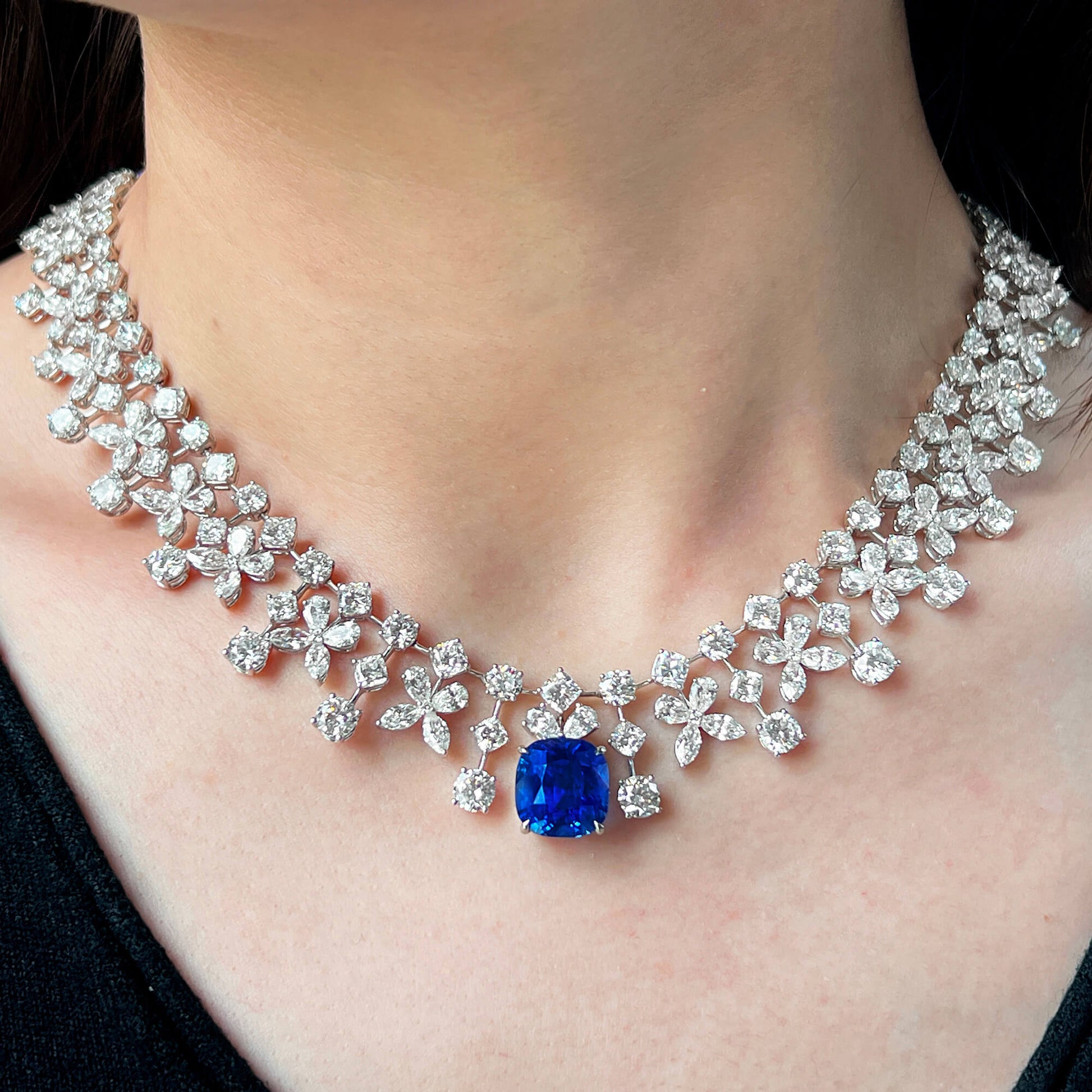 Natural Vivid Blue Sapphire Necklace, 18K White Gold, Cushion Shape, 74.44 Ct. TW