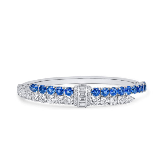 Natural Diamond and Vivid Blue Sapphire Bangle, 18K White Gold, 11.25 Ct. TW