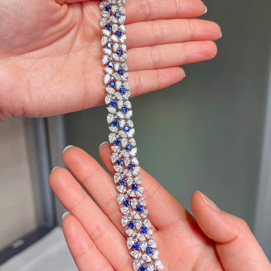Natural Vivid Blue Sapphire & Diamond Bracelet, 18K White Gold, Round & Pear Shape, 32.60 Ct. TW
