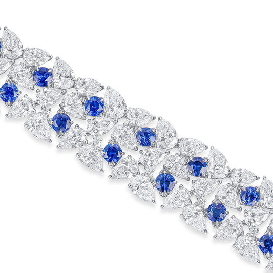 Natural Vivid Blue Sapphire & Diamond Bracelet, 18K White Gold, Round & Pear Shape, 32.60 Ct. TW