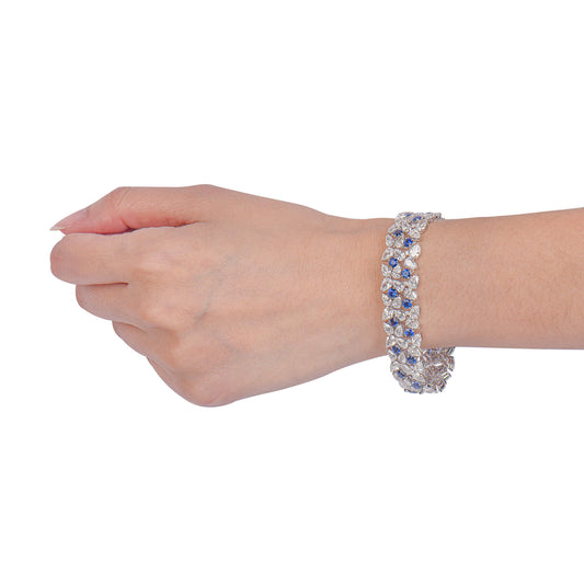 Natural Vivid Blue Sapphire & Diamond Bracelet, 18K White Gold, Round & Pear Shape, 32.60 Ct. TW