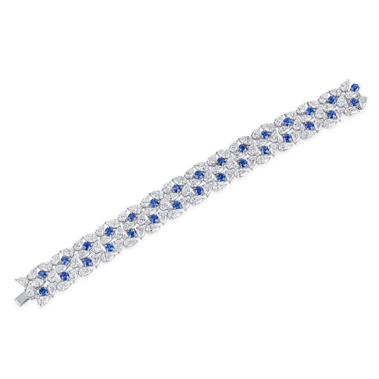 Natural Vivid Blue Sapphire & Diamond Bracelet, 18K White Gold, Round & Pear Shape, 32.60 Ct. TW