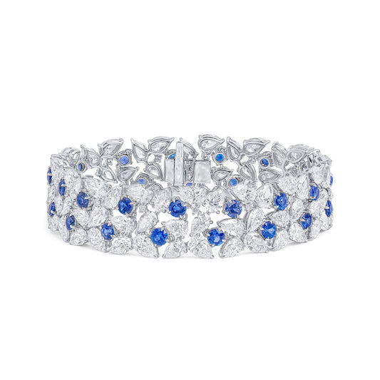 Natural Vivid Blue Sapphire & Diamond Bracelet, 18K White Gold, Round & Pear Shape, 32.60 Ct. TW