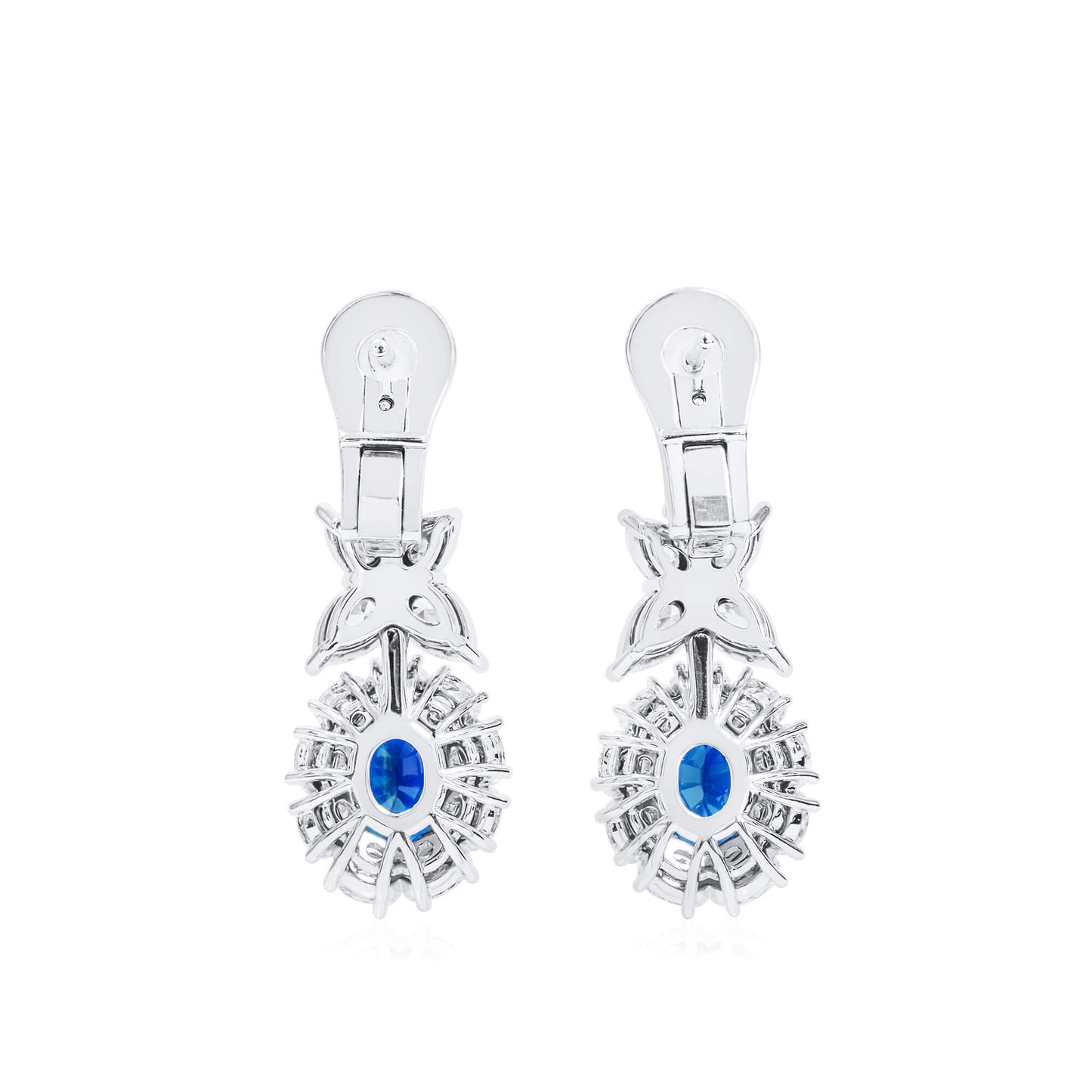 Natural Burmese Blue Sapphire & Diamond Drop Earrings, 18K White Gold, Oval Shape, 8.73 Ct. TW