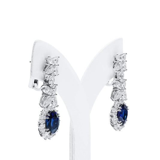 Natural Burmese Blue Sapphire & Diamond Drop Earrings, 18K White Gold, Oval Shape, 8.73 Ct. TW