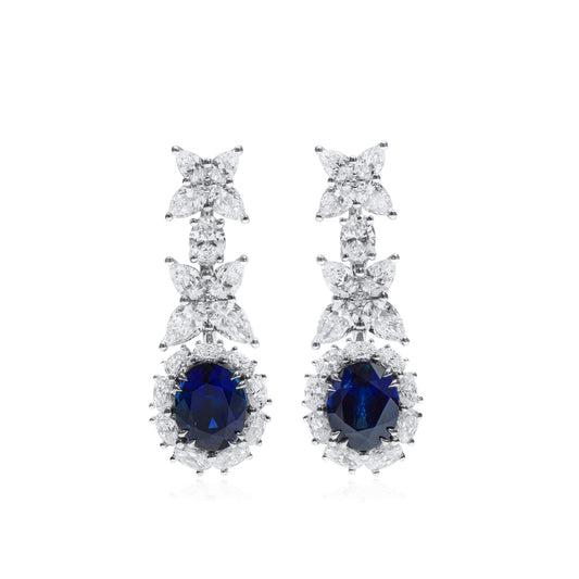 Natural Burmese Blue Sapphire & Diamond Drop Earrings, 18K White Gold, Oval Shape, 8.73 Ct. TW