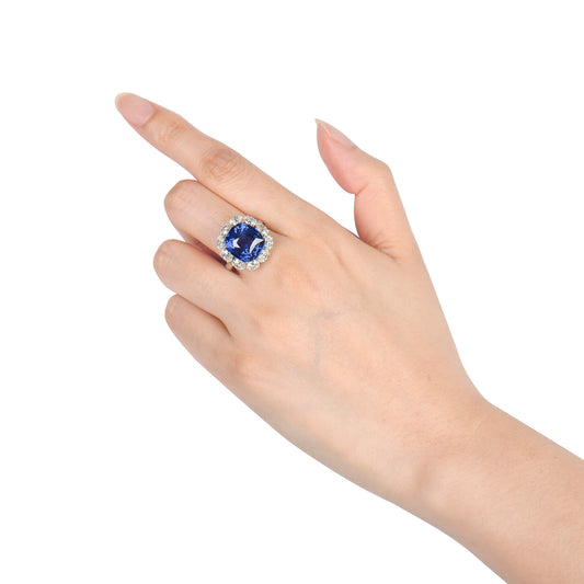 Natural Vivid Blue Ceylon Sapphire Cocktail Ring, 18K White Gold, Cushion Shape, 16.66 Ct. TW, unheated