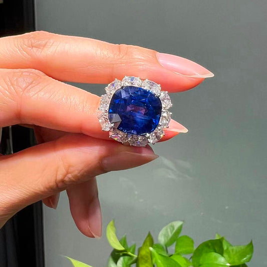 Natural Vivid Blue Ceylon Sapphire Cocktail Ring, 18K White Gold, Cushion Shape, 16.66 Ct. TW, unheated
