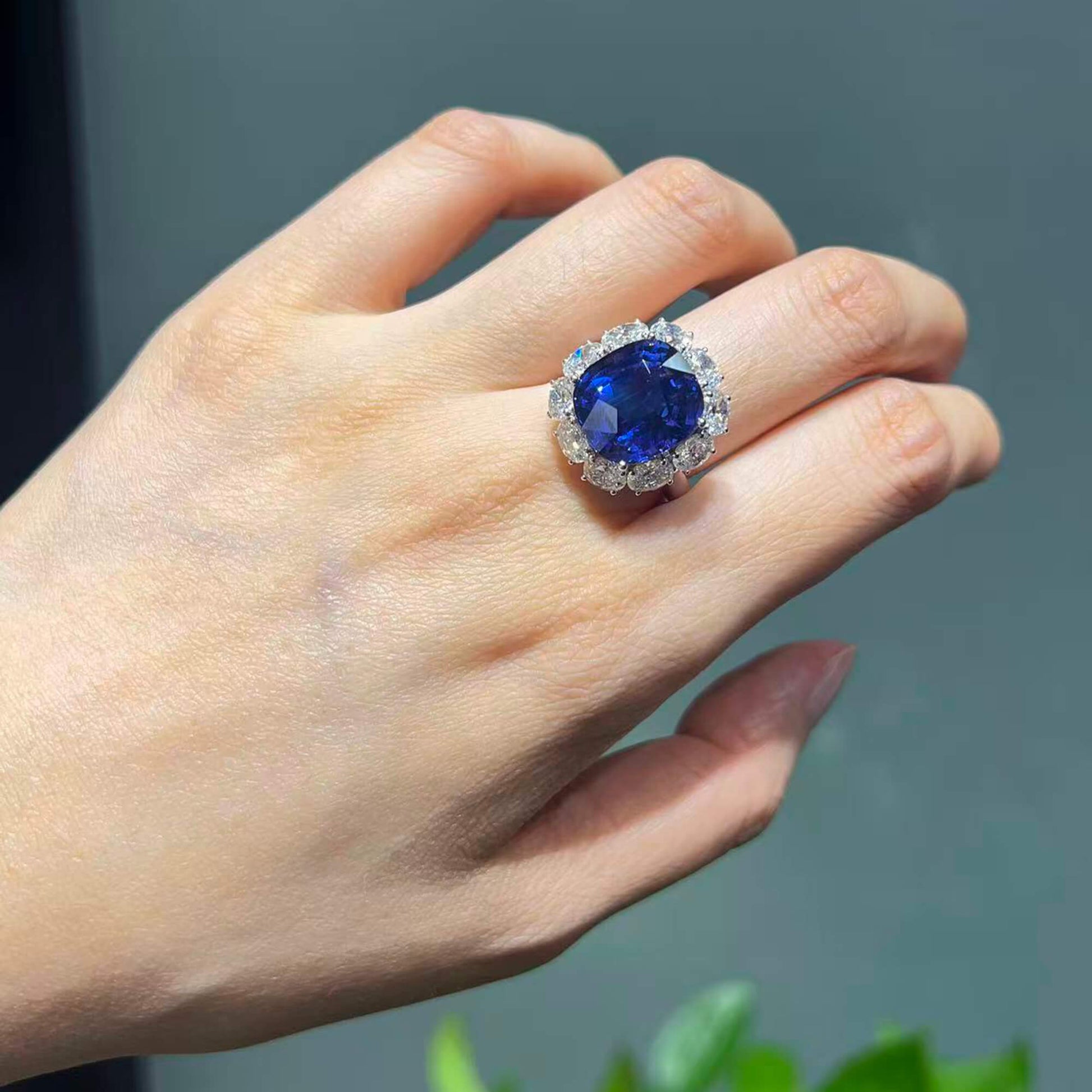 Natural Vivid Blue Ceylon Sapphire Cocktail Ring, 18K White Gold, Cushion Shape, 16.66 Ct. TW, unheated