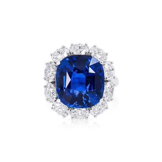 Natural Vivid Blue Ceylon Sapphire Cocktail Ring, 18K White Gold, Cushion Shape, 16.66 Ct. TW, unheated