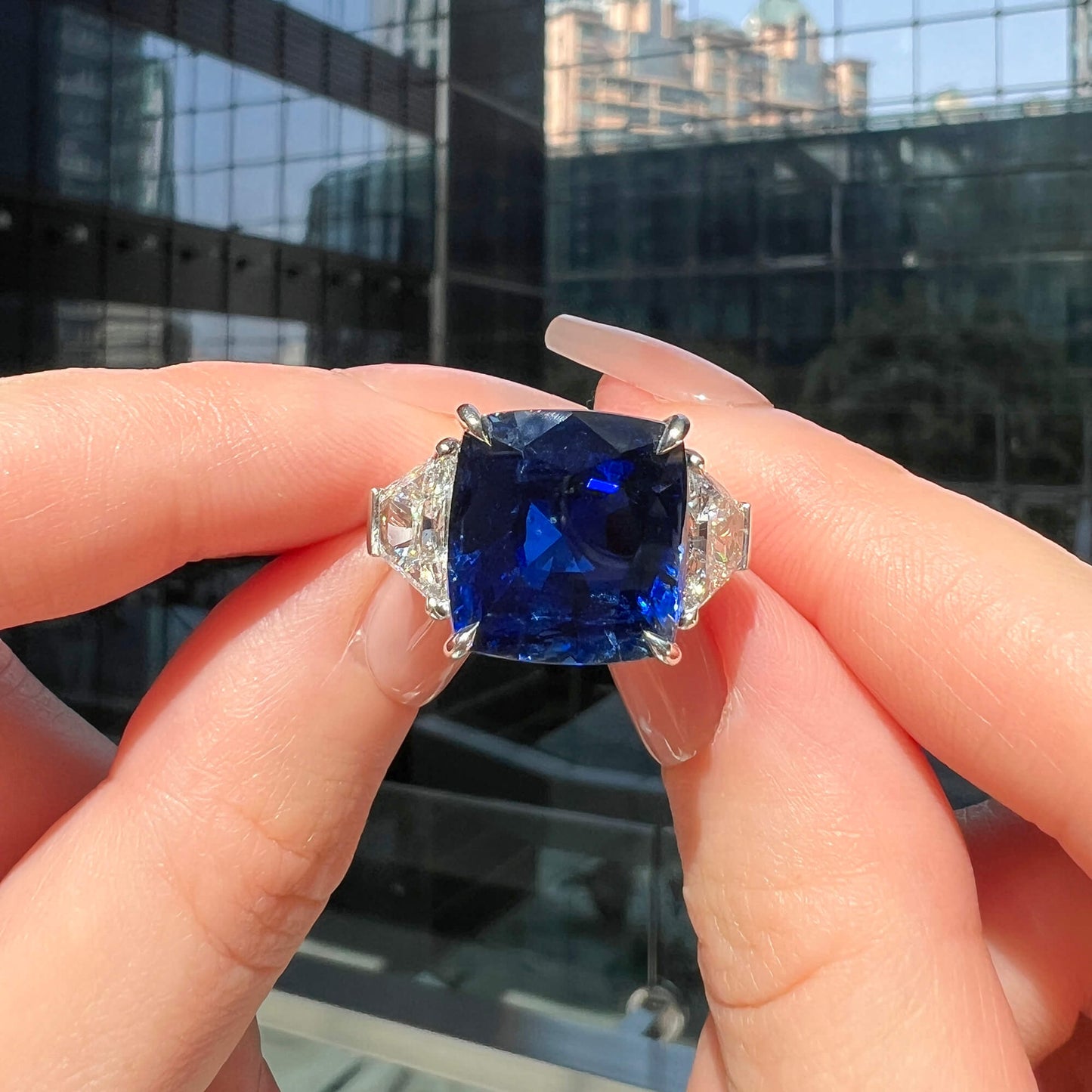 Natural Vivid Blue Sapphire Ring, 21.13 Ct. TW, Cushion shape SSEF Certified