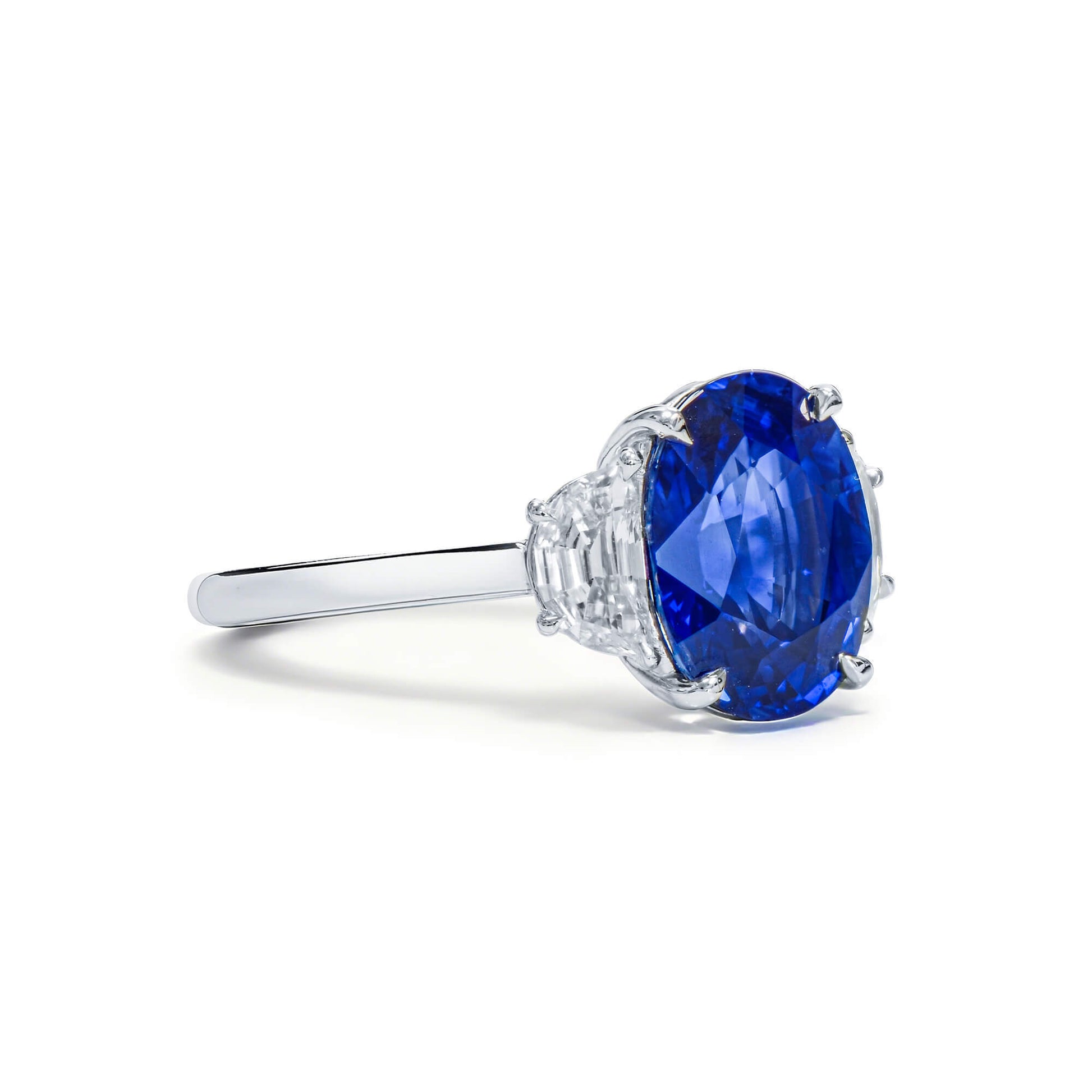 Natural Vivid Blue Ceylon Sapphire Three Stone Ring, 18K White Gold, Oval Shape, 5.11 Ct. TW