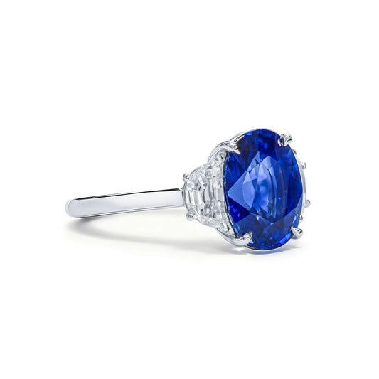 Natural Vivid Blue Ceylon Sapphire Three Stone Ring, 18K White Gold, Oval Shape, 5.11 Ct. TW