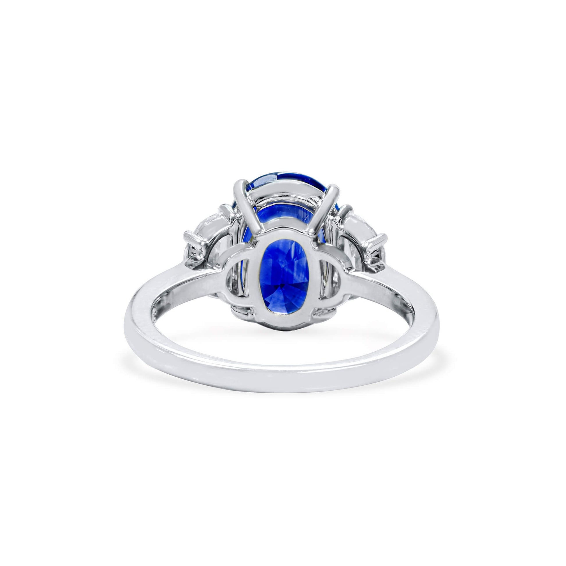 Natural Vivid Blue Ceylon Sapphire Three Stone Ring, 18K White Gold, Oval Shape, 5.11 Ct. TW